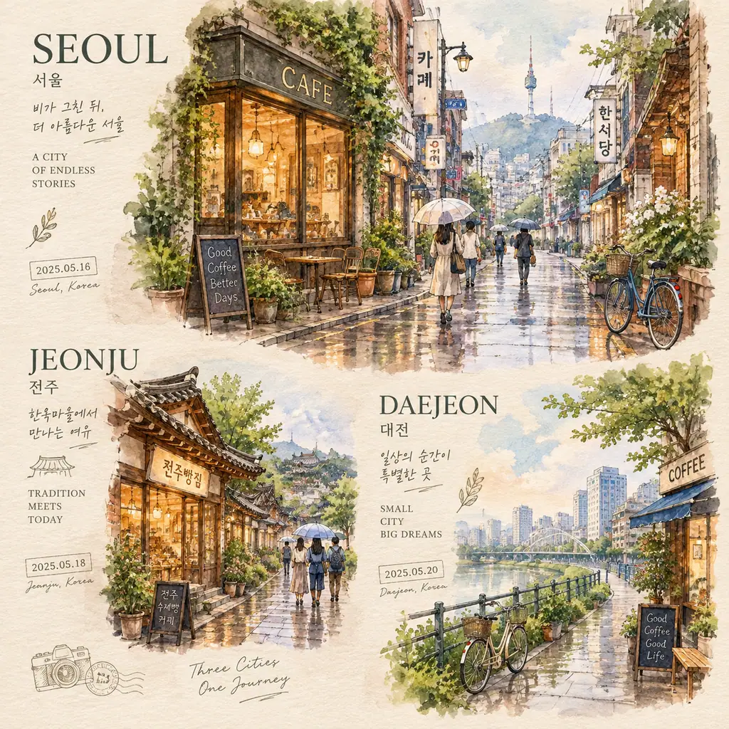 Watercolor and ink sketch of a rainy Korean street with cafes and umbrellas