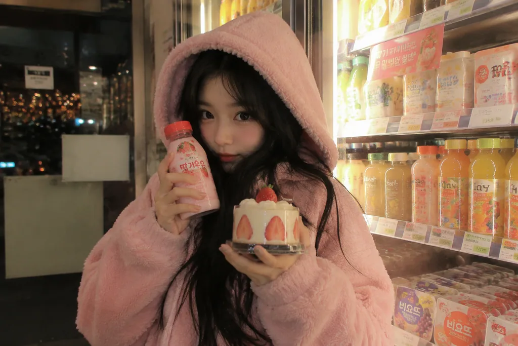 Korean woman in a pink hoodie holding strawberry milk in a convenience store at night