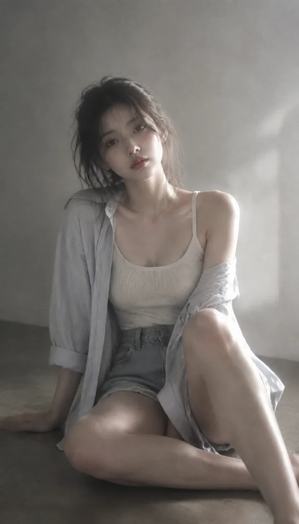 Hazy editorial portrait of a young Korean woman seated on the floor in a minimal room