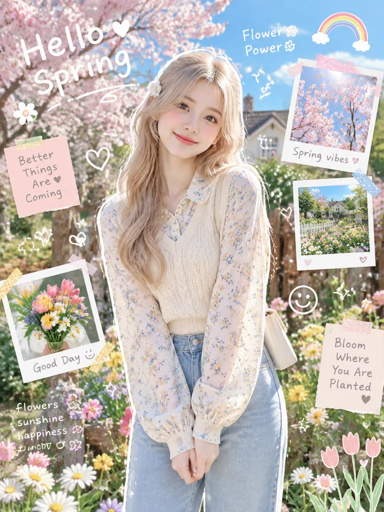 Pastel scrapbook poster of a blonde girl in a sweater vest in a spring flower garden