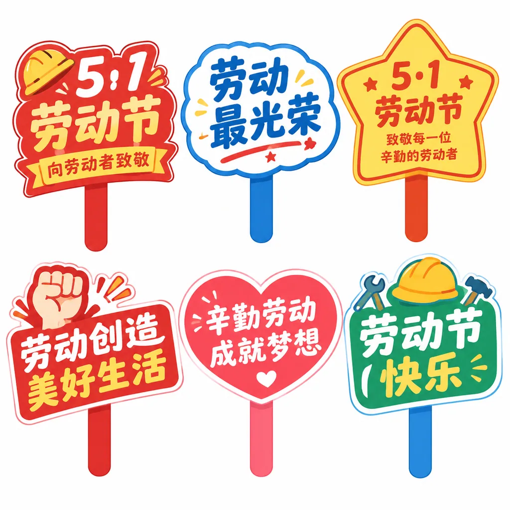 Series of colorful handheld sign designs celebrating the May Day Labor Day holiday