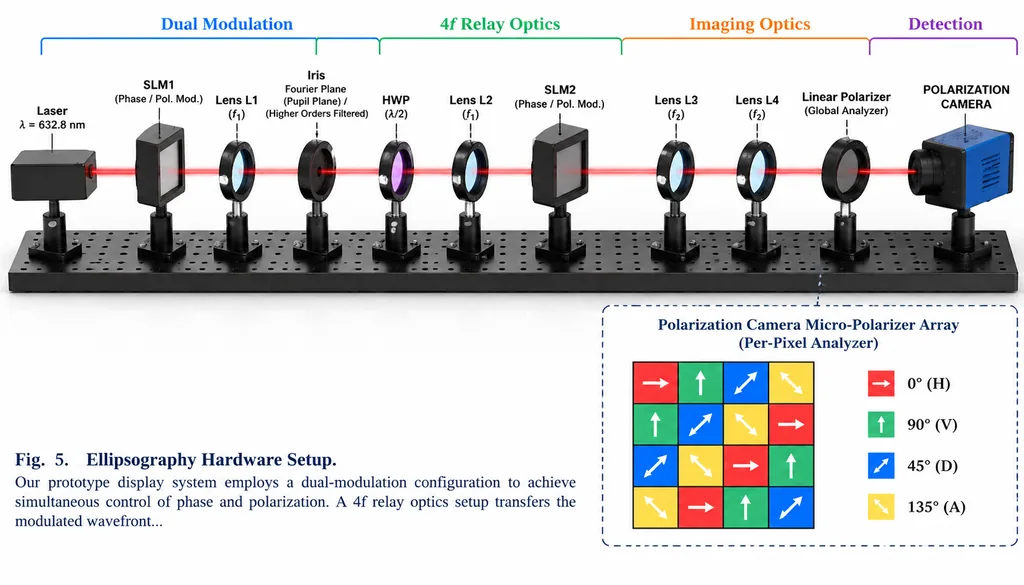 Scientific diagram of a laser optical bench with labeled modulators, lenses and detection camera