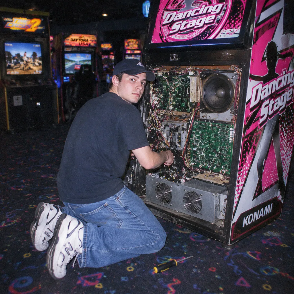 Late 90s flash photo of a young man kneeling to repair an open arcade cabinet