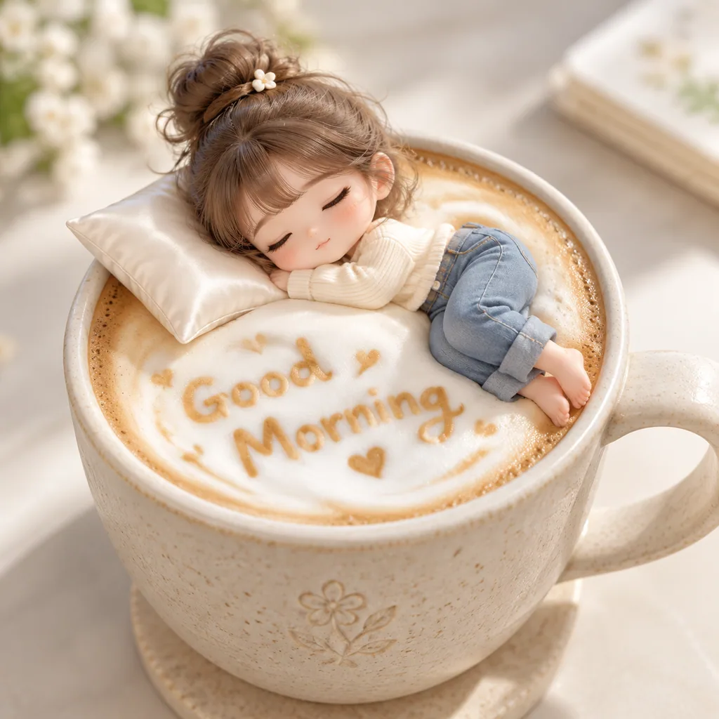 Tiny 3D chibi girl sleeping on a pillow floating on a creamy latte cup