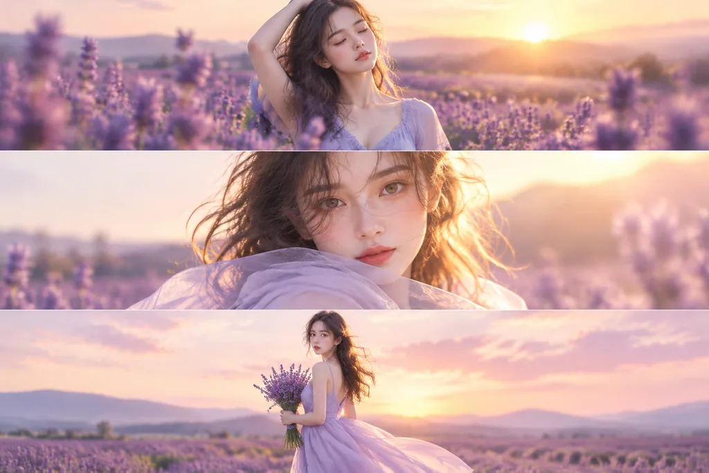 Three-panel portrait of a woman in a lilac dress in a lavender field at sunrise