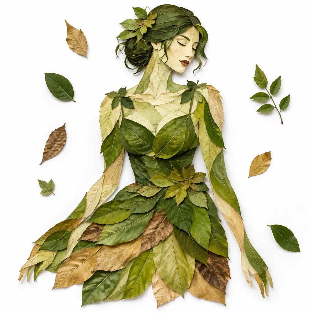 Character made entirely of green and dry leaves in a flat lay collage on a white background