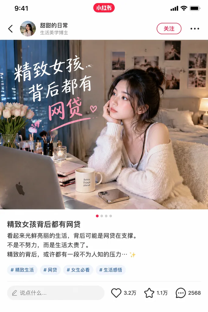 Phone screenshot of a lifestyle social post about hidden online loans behind polished looks