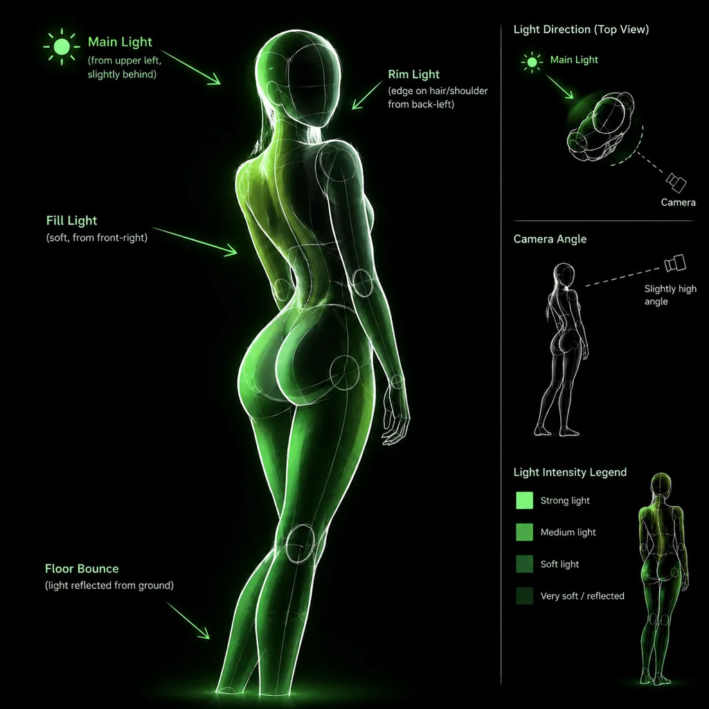 Mannequin line conversion of a photo pose with green highlights marking lit body areas