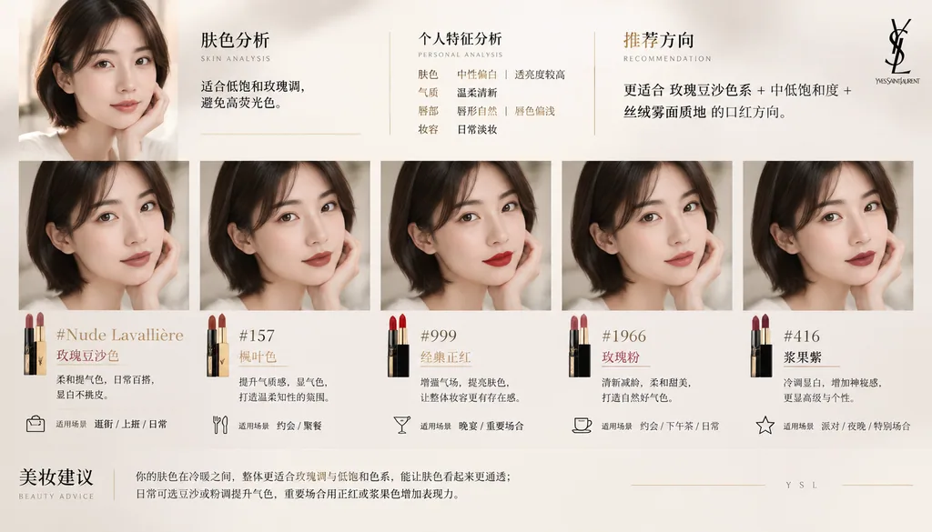 Branded beauty report pairing a selfie with recommended lipstick shades, swatches and notes