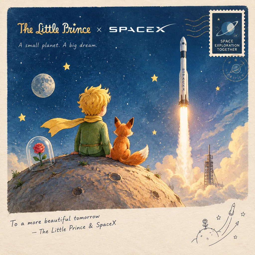 Postcard pairing the Little Prince with a rocket launch in a whimsical starry design