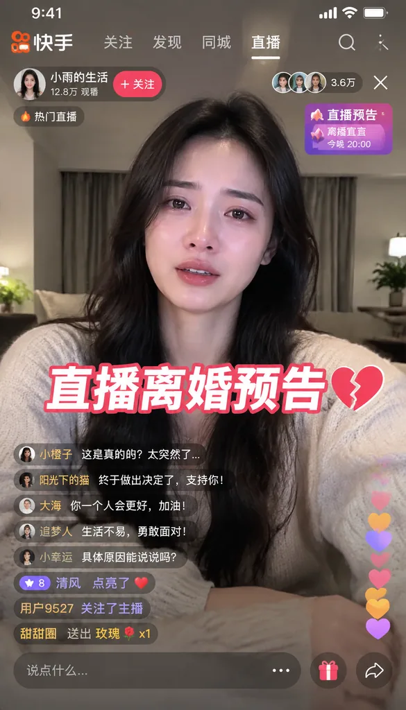 Phone screenshot of a short video app livestream teasing a live divorce announcement