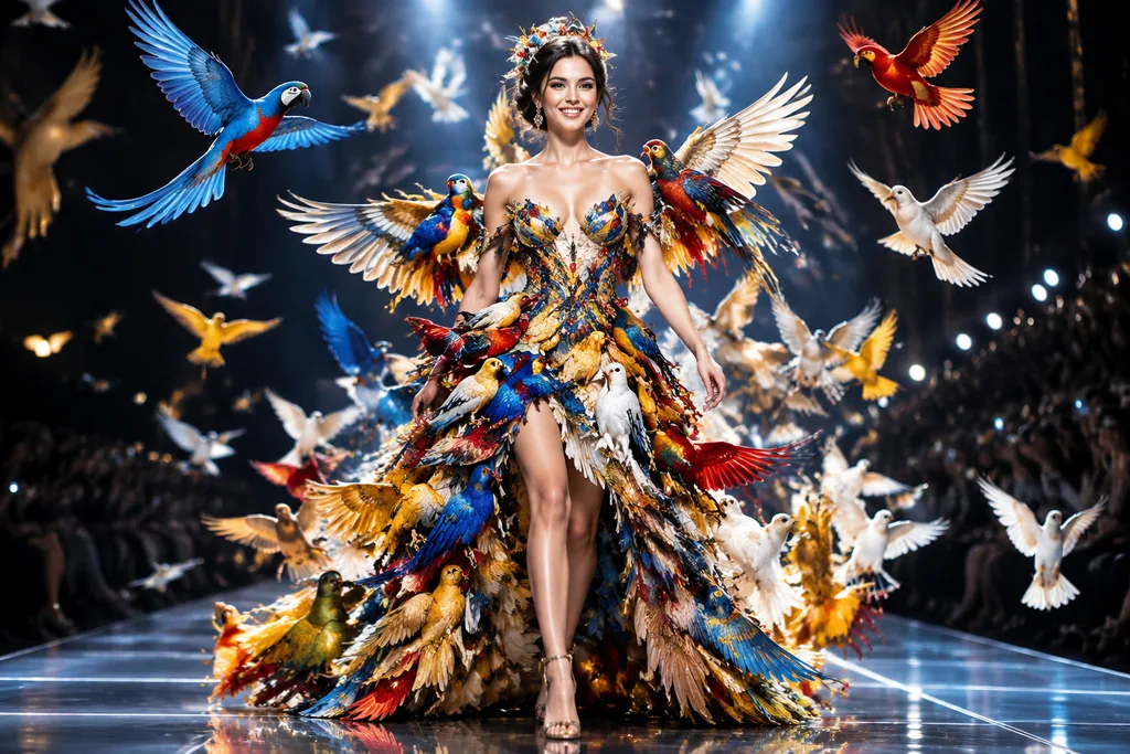Model walking a fashion runway in a sculpted gown made entirely of hundreds of colorful birds