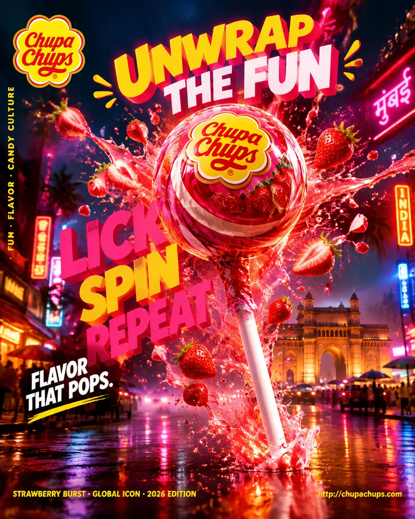 Giant glossy lollipop bursting with candy shards over a neon-lit street at night