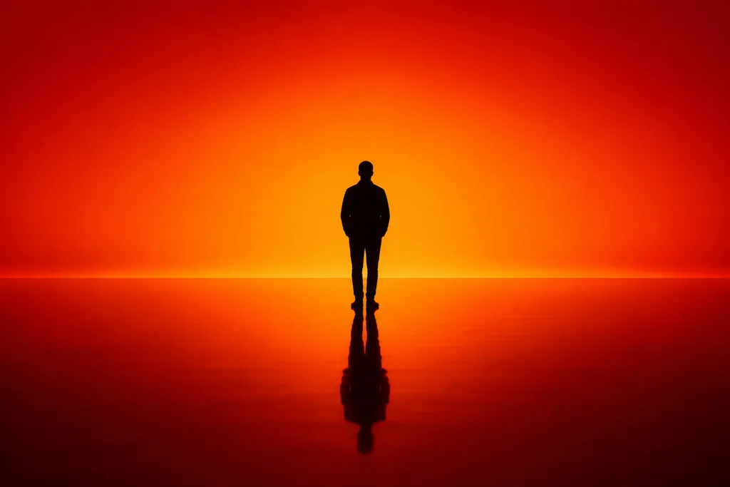 Minimal cinematic portrait of a lone man silhouetted against an orange to red gradient