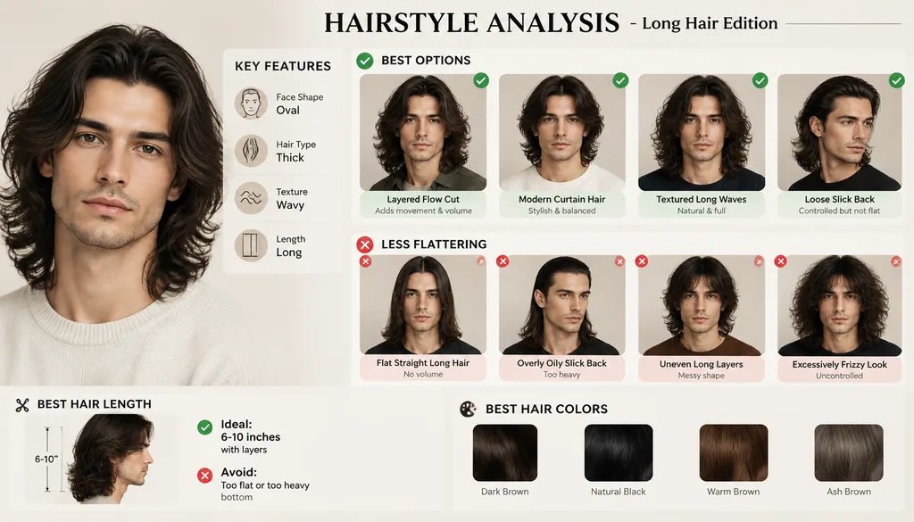 Grooming infographic of a man with long wavy hair, showing face shape, styling steps and products