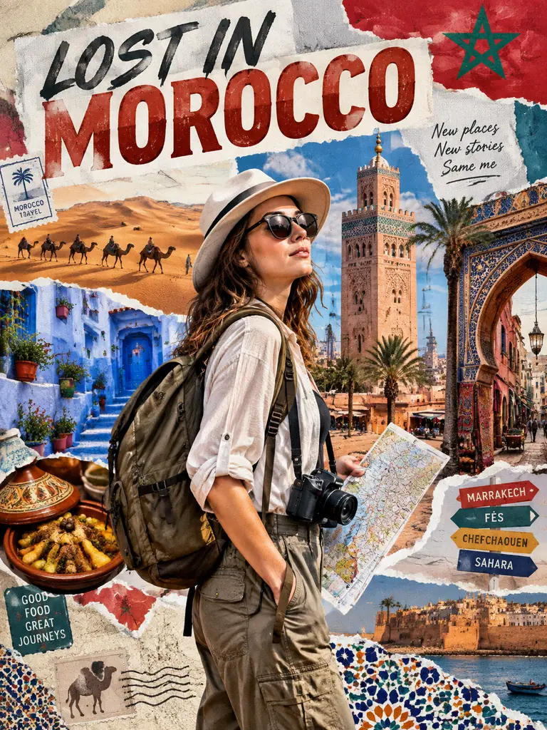 Collage poster of a tourist exploring Morocco with the headline LOST IN MOROCCO