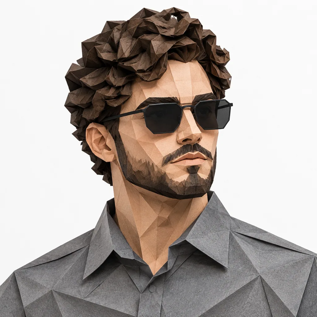Origami-style low-poly paper portrait of a bearded man with curly hair and sunglasses