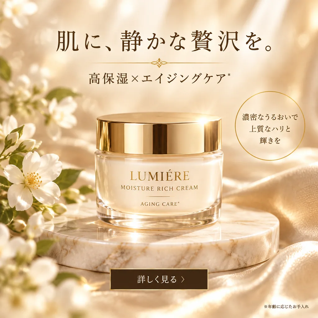 Glass cream jar with a gold lid on marble with champagne silk and a Japanese headline