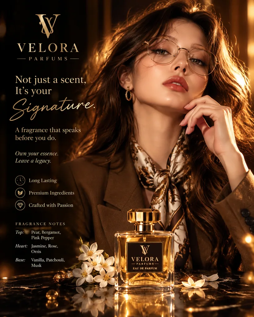 Dark luxury perfume bottle ad with golden highlights and VELORA branding