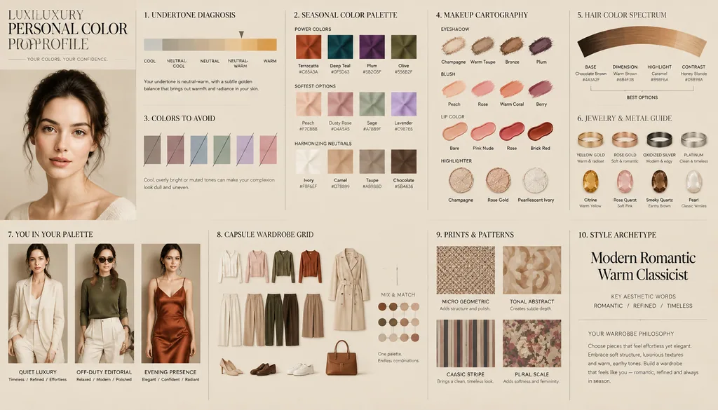 Editorial color analysis layout with a portrait and seasonal color swatches