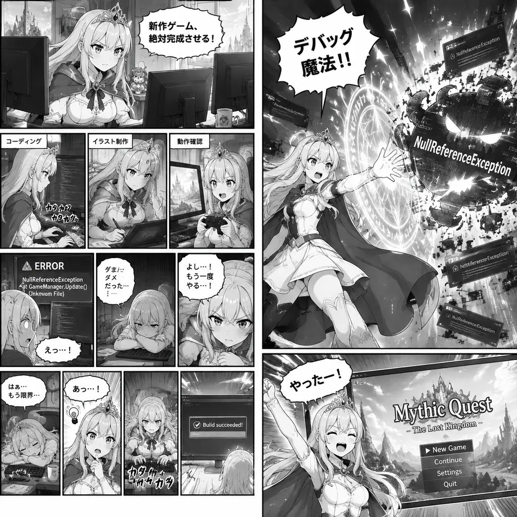 Monochrome two-page manga of a blonde mage girl struggling to finish a video game