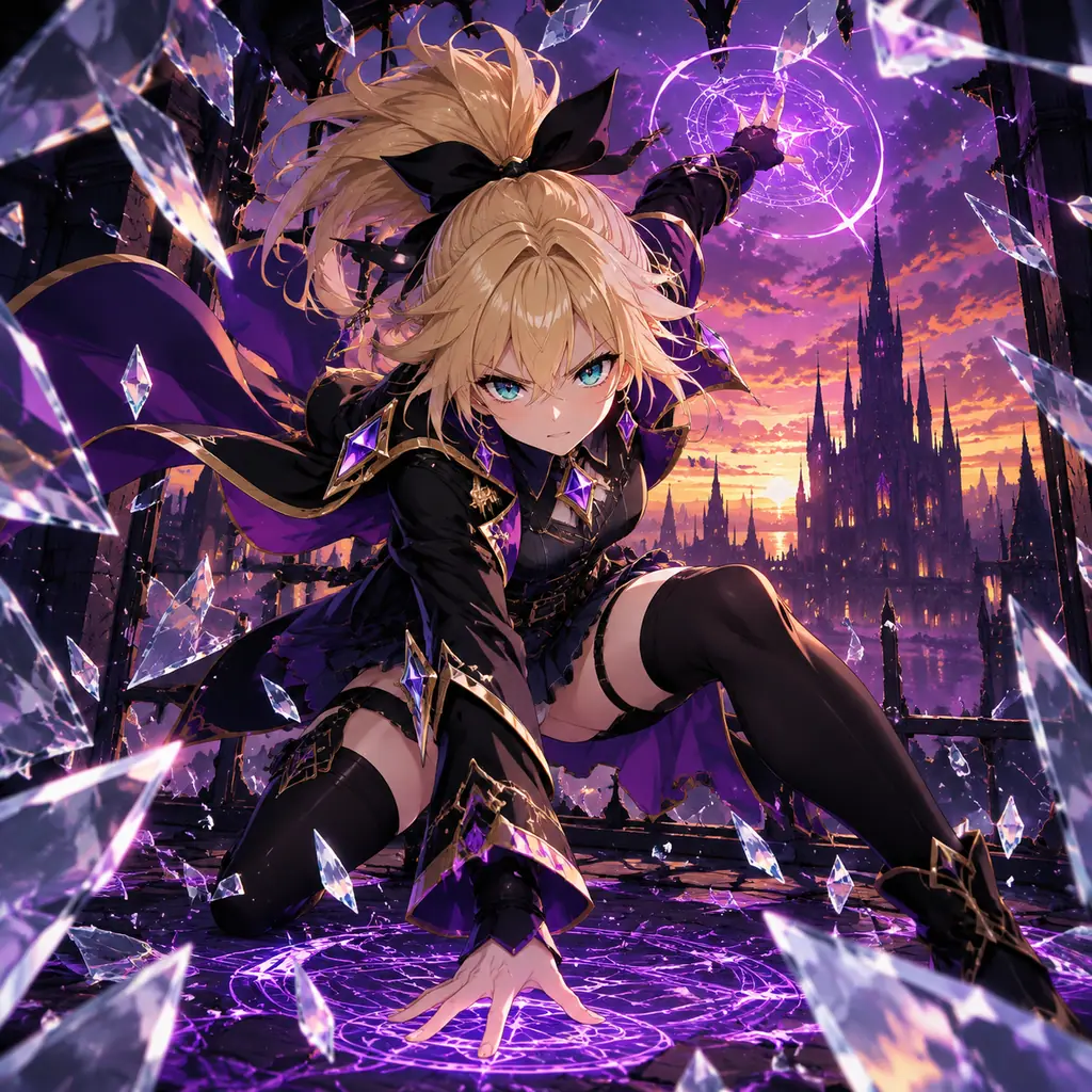 Anime magical girl landing through shattered glass while casting purple magic circles