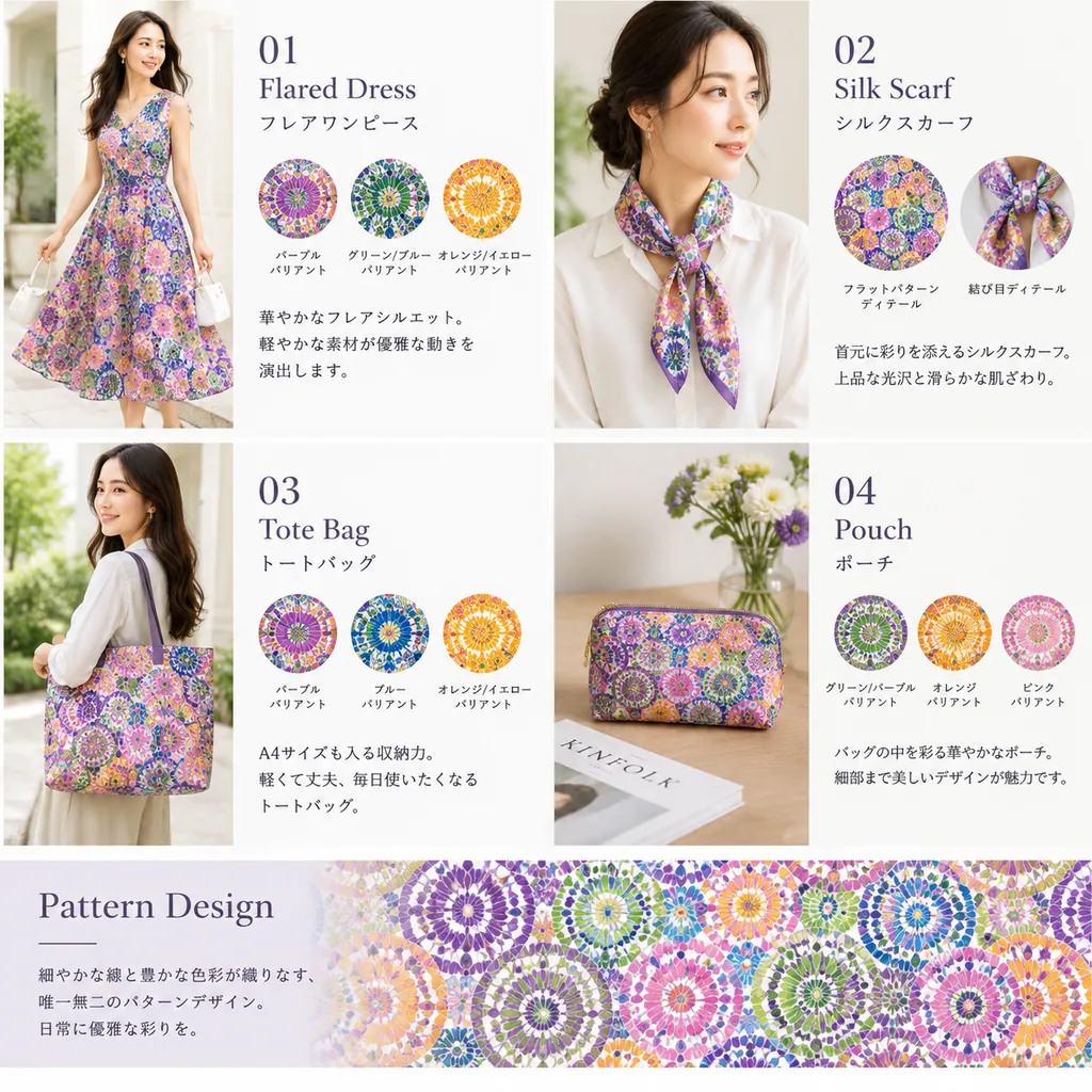 2x2 fashion catalog of mandala-patterned dresses and accessories with color swatches