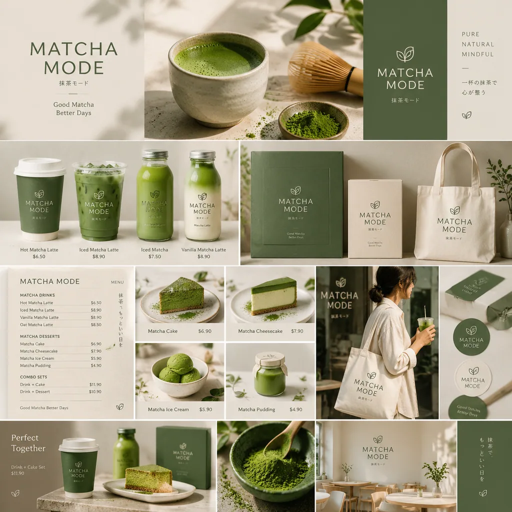Brand board for MATCHA MODE with a frothy matcha cup, packaging, cards and green palette