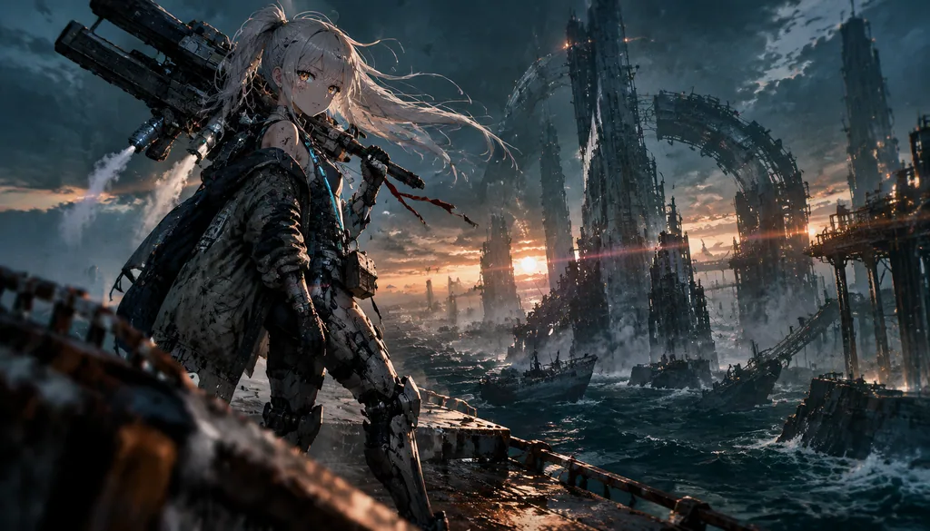 Teen mecha girl with railgun standing on a rusted platform over a ruined sea city at dusk