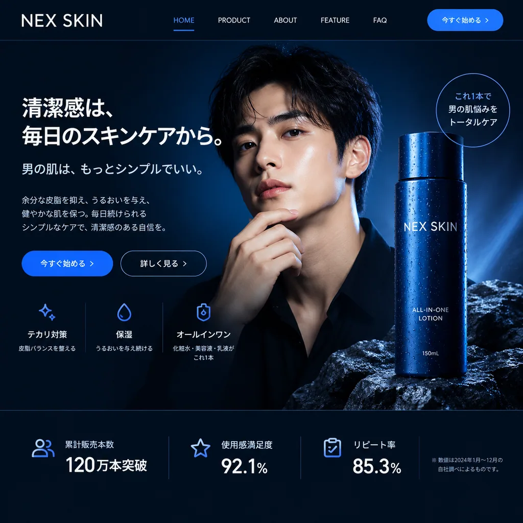 Dark navy landing page for men's skincare with product shots and a Japanese headline