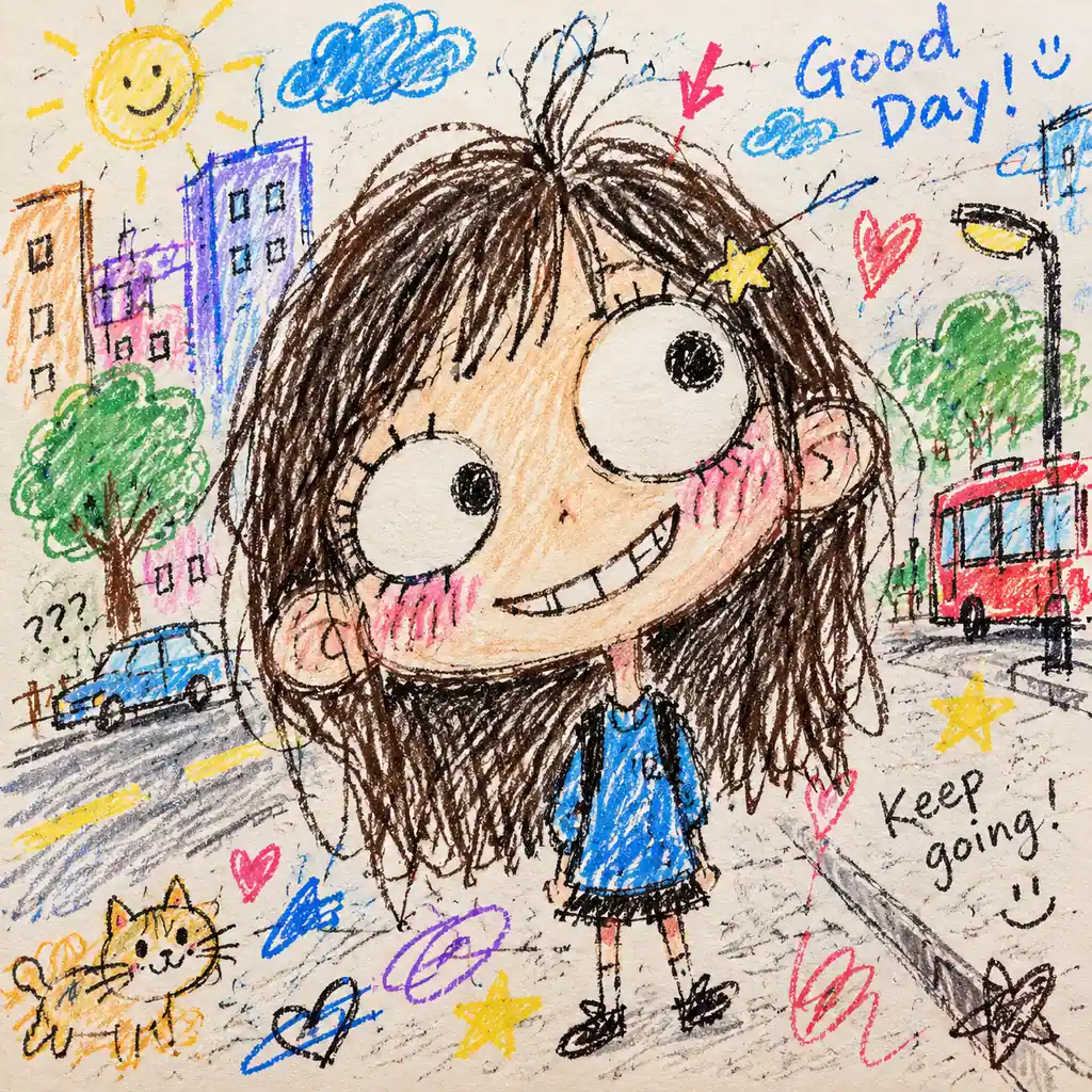 Photo redrawn as a chaotic, messy marker doodle with exaggerated funny features