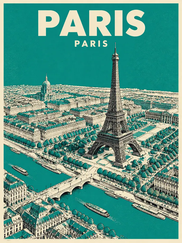 Cream and black isometric travel poster of Paris and the Eiffel Tower with a teal sky