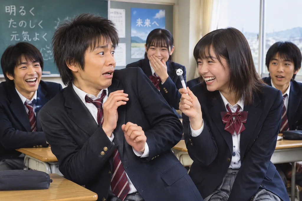 2000s Japanese TV drama comedy scene with middle school students in a classroom