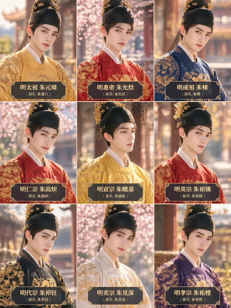 Set of Ming dynasty emperor avatars with their names written below each portrait