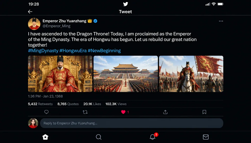 Dark mode social media post mockup by a Ming emperor account with a verified badge