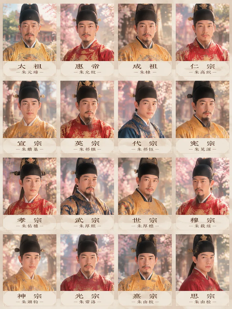 Row of Ming dynasty emperor portraits with their temple names and given names below