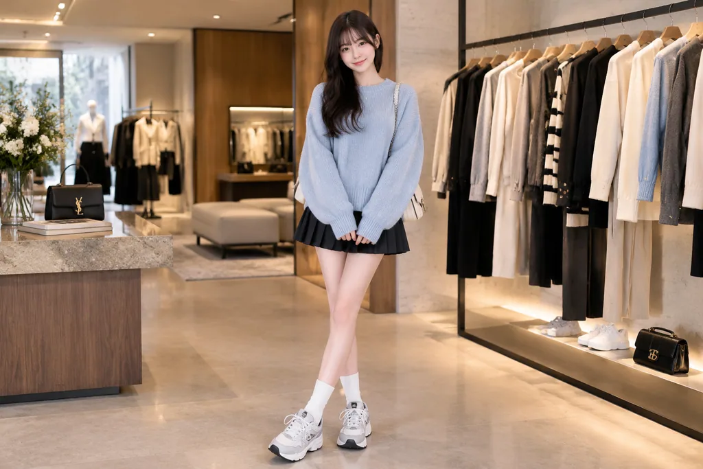Full-body fashion photo of a young woman standing in a minimalist boutique