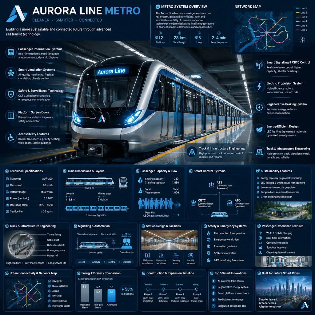 Square encyclopedia-style infographic of a futuristic metro system with trains and tunnels
