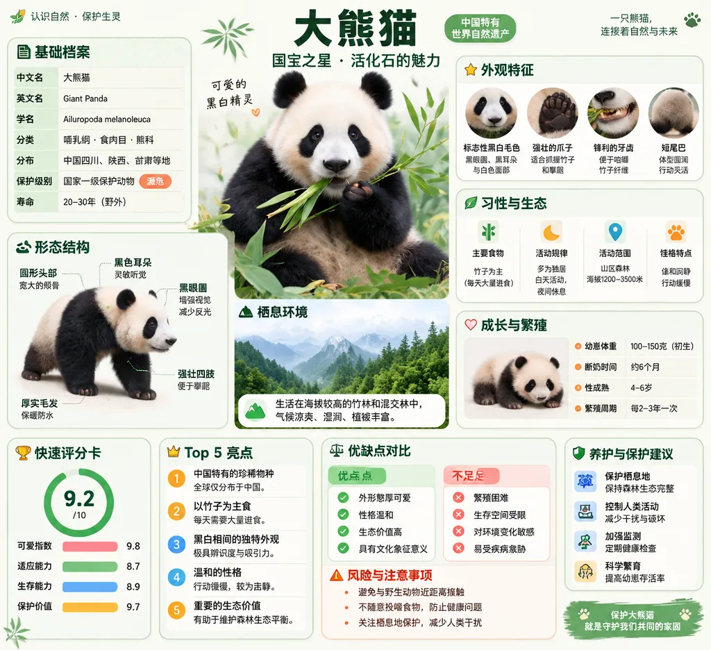 Modular encyclopedia infographic on the giant panda with feature callouts and rating cards