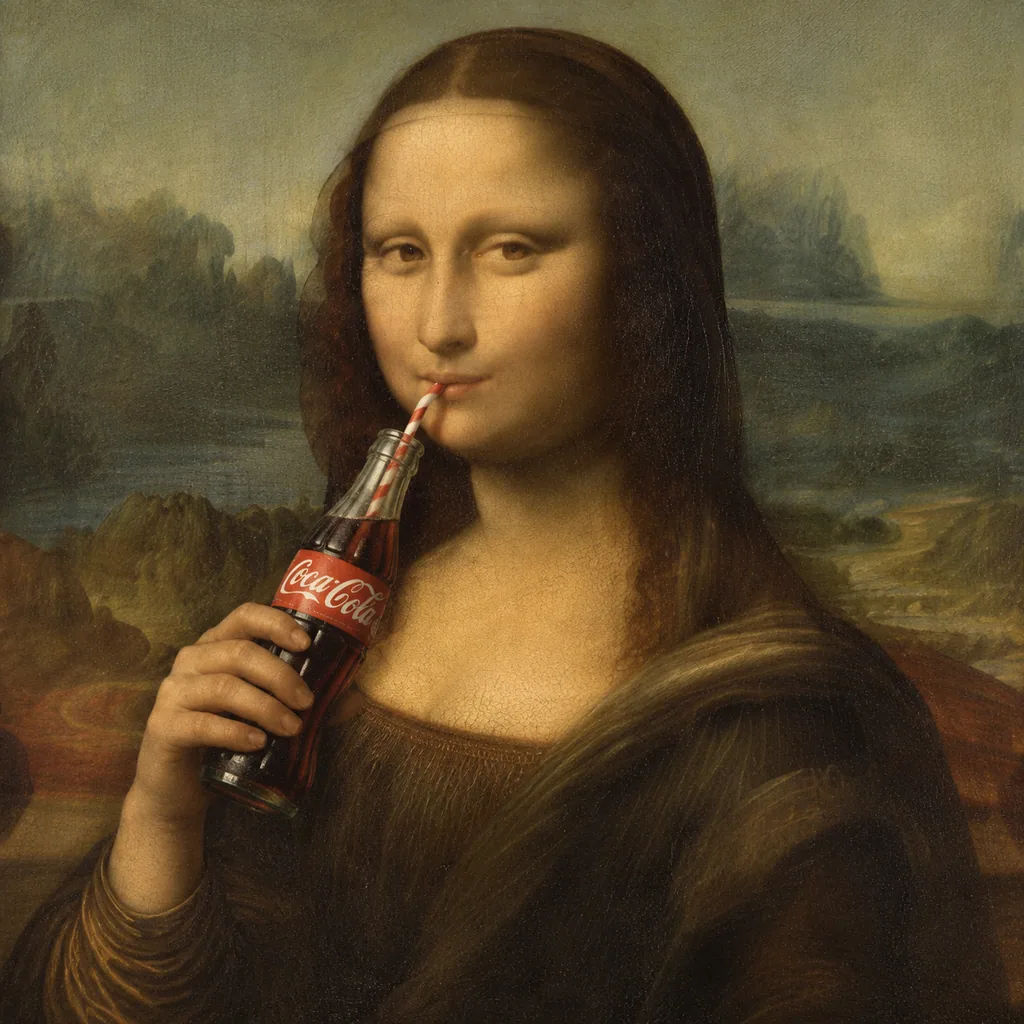 Classic oil painting of the Mona Lisa sipping a cola with a playful modern twist