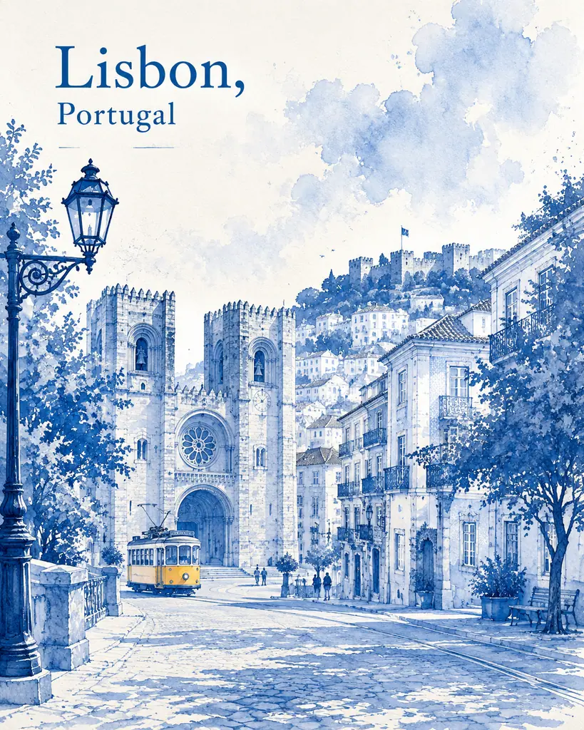 Monochrome blue watercolor poster of Lisbon with a tram, street lamp and landmarks