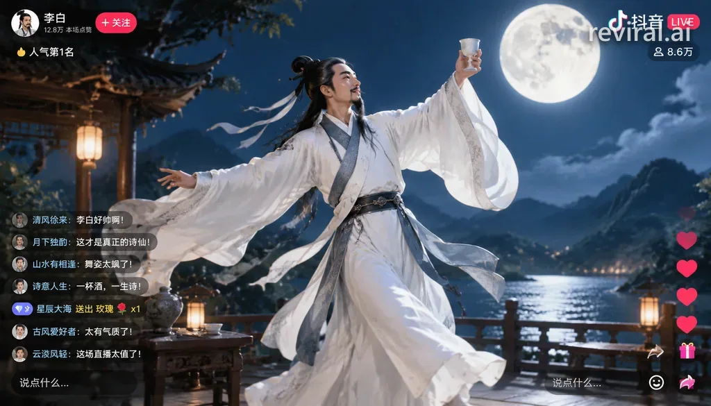 Vertical livestream screenshot of poet Li Bai dancing under the full moon with chat comments