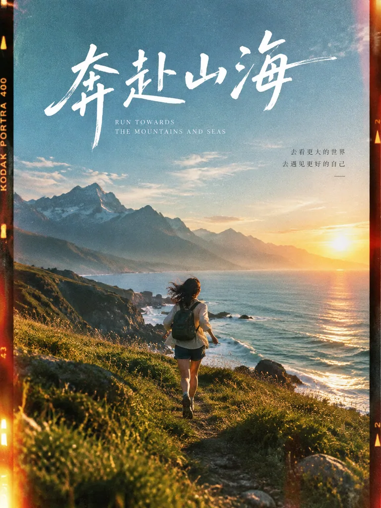Film photography style travel poster themed on heading out to the mountains and the sea