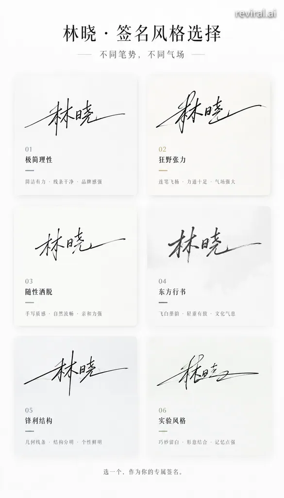 Vertical poster with six signature styles of one name laid out as cards