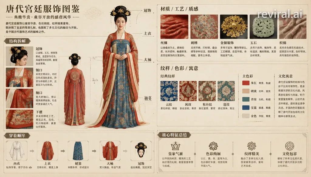 Museum catalog infographic breaking down a Tang dynasty court costume with Chinese labels