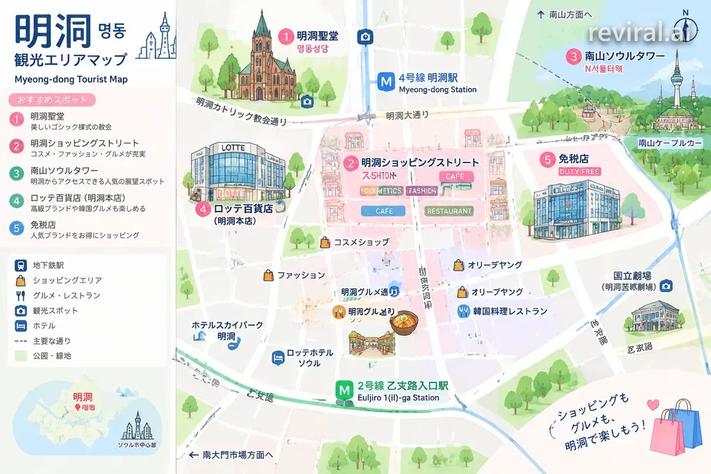 Illustrated tourist map of the Myeongdong shopping district in Seoul