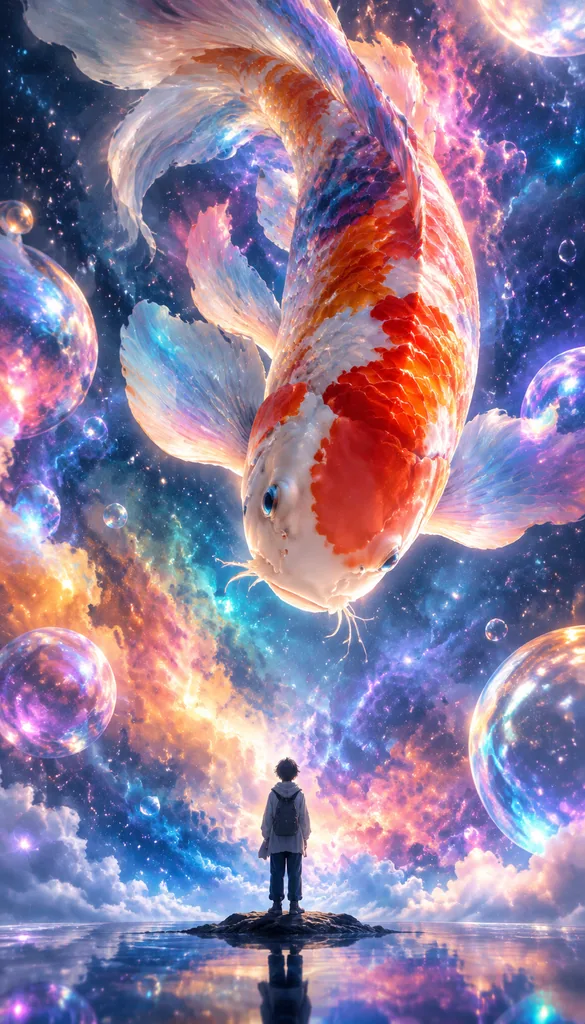 Surreal illustration of a giant colorful koi in a nebula looking down at a tiny person