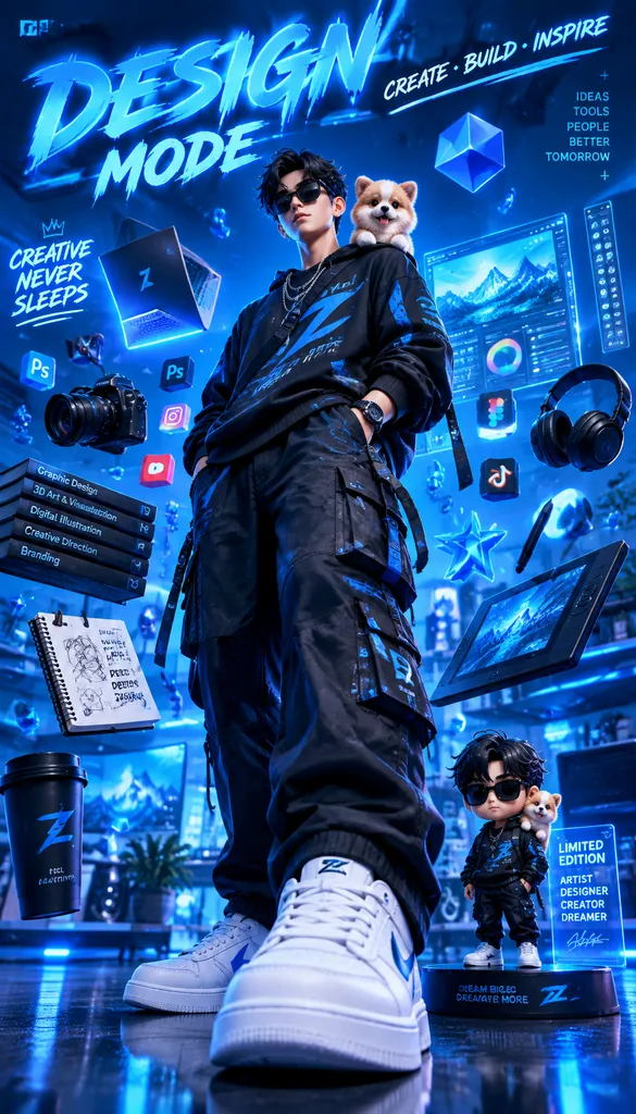 Stylized 3D poster of a young digital artist in streetwear inside a blue neon studio