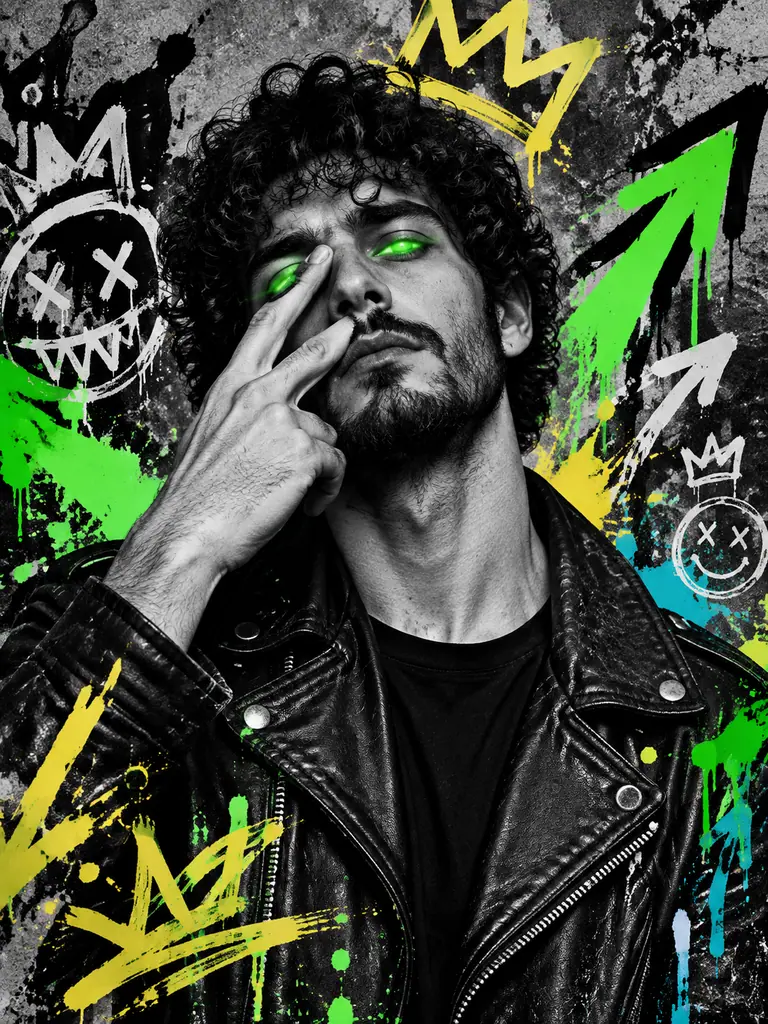 Black and white portrait of a bearded man with neon green eyes and graffiti doodles