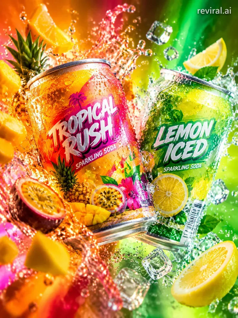 Three soda cans bursting with water and tropical fruit splashes under bright neon lights